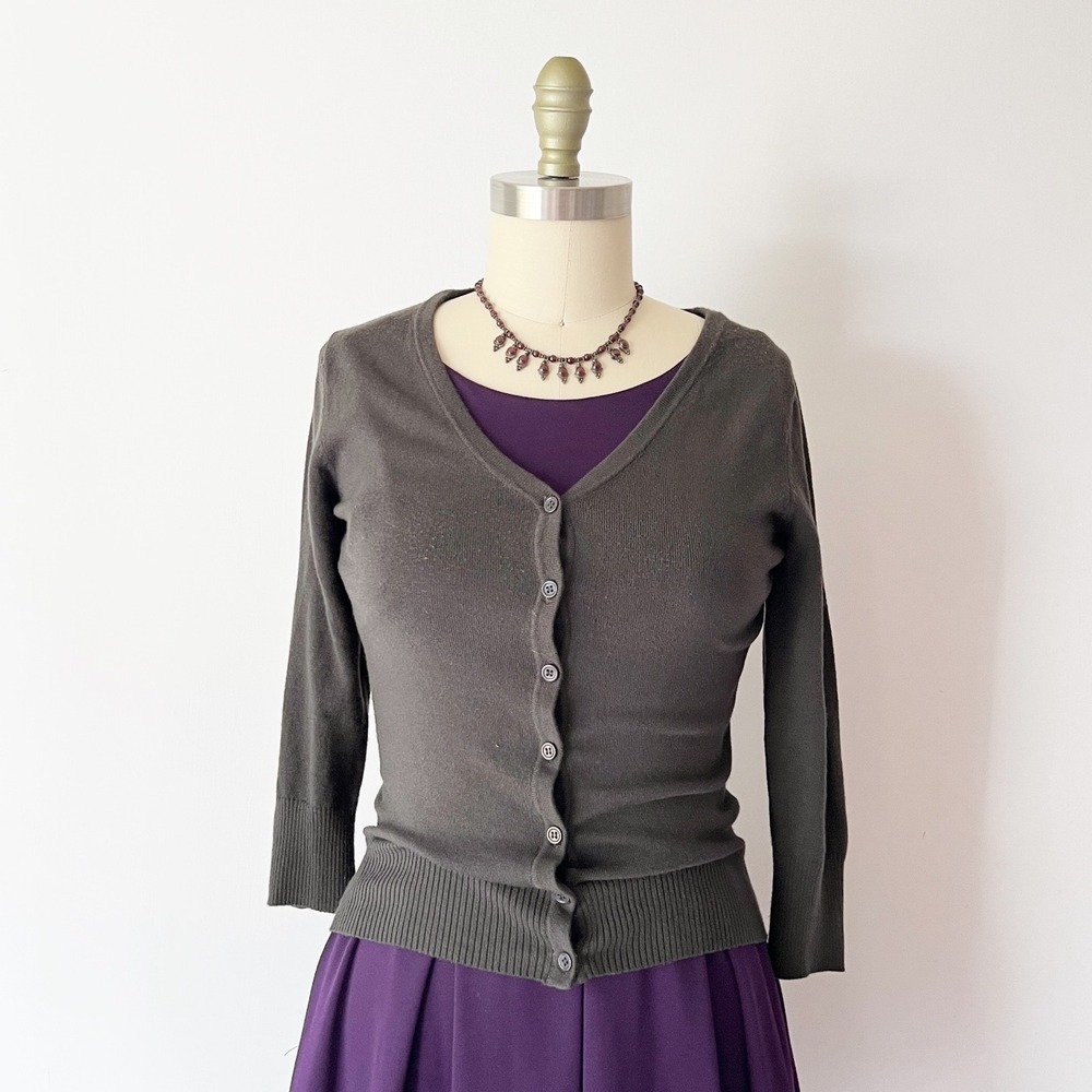 Modcloth Charter School Cardigan Dark Gray V-Neck 3/4 Sleeve Preppy Retro L